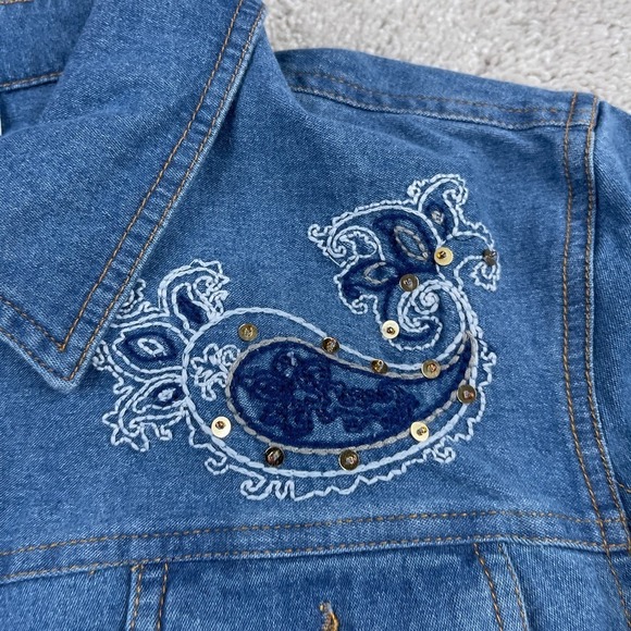 Blair Jacket Womens Large Blue Jean Denim Embroidered Paisley Sequins Button Up - Picture 3 of 13